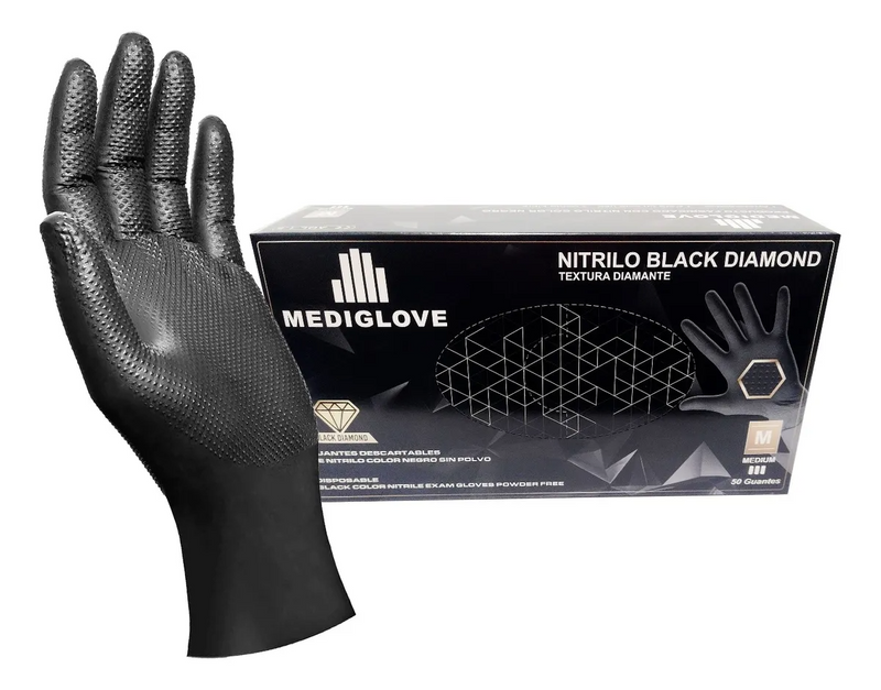 Guantes De Nitrilo Textura Diamante  sin Polvo Mediglove  X 50 un Negro M